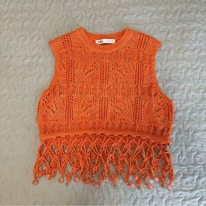 Zara Orange Crochet Beaded Detail Cropped Women’s Tank Top